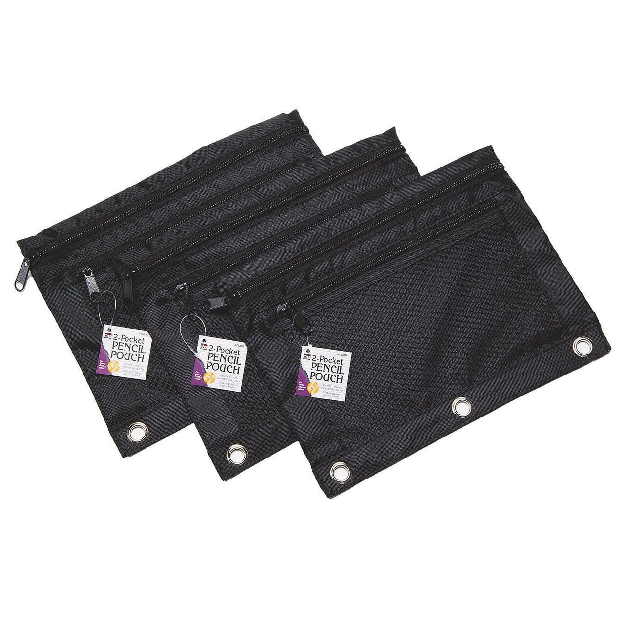Pencil Pouch for Binder with 2 Zip Pockets & Front Mesh Pocket, Black (Pack of 3)